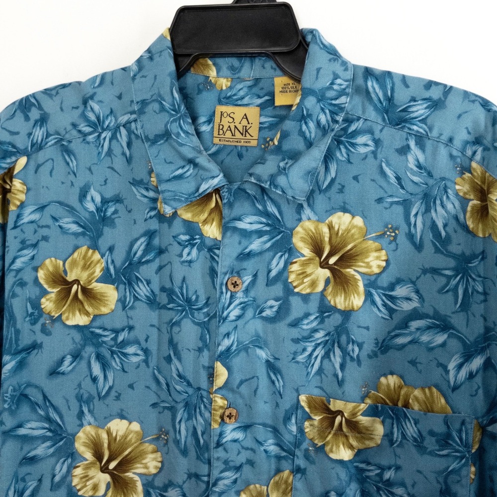 Jos. A. Bank 100% Silk Hawaiian Camp Shirt Men's XL Blue Floral Hibiscus Aloha
